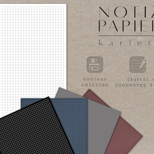 Könnte beinhalten: Ein Blatt kariertes Papier mit dem Text "NOTIZ PAPIER kariert" oben. Das Papier ist weiß mit schwarzen Gitterlinien. Unter dem weißen Blatt befinden sich fünf verschiedene farbige Blätter kariertes Papier. Die Farben sind Schwarz, Blau, Grau und Rot. Der Text "endloses DRUCKEN, digitaler Einsatz wie GOODNOTES & NOTABILITY" befindet sich unter den farbigen Blättern.