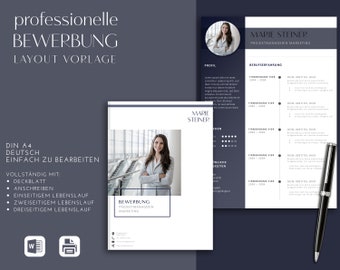 Resume template, professional application template for Word, modern, layout, design, CV, immediate download German dark blue pattern