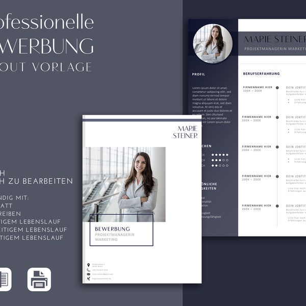 Lebenslauf-Vorlage, professionelle Bewerbungsvorlage für Word, modern, Layout, Design, CV , sofort Download deutsch dunkelblau Muster