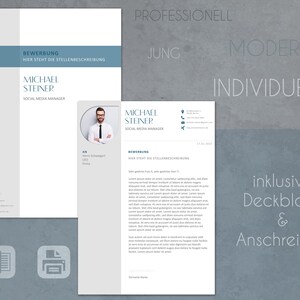 May include: A blue and white CV template with the text "Professional, Young, Modern, Individual" and "Inclusive Cover Letter & Letter of Application". The template includes a section for a photo, contact information, and a cover letter.