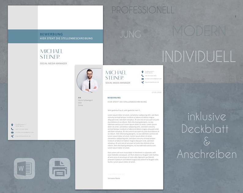 May include: A blue and white CV template with the text "Professional, Young, Modern, Individual" and "Inclusive Cover Letter & Letter of Application". The template includes a section for a photo, contact information, and a cover letter.