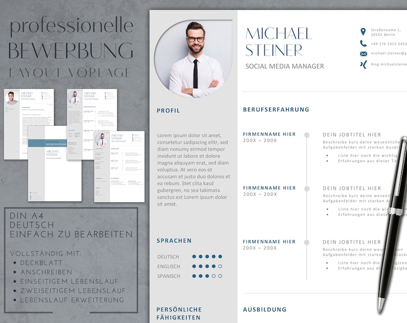 May include: A professional CV template in a grey and white colour scheme with a headshot of a man in a white shirt and black tie. The template includes sections for a profile, work experience, skills, education, and languages. The text "professionelle BEWERBUNG LAYOUT VORLAGE" is at the top of the page.