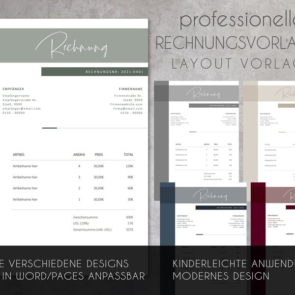 Rechnungs-Vorlage, professionelle Rechnungsvorlage deutsch für Word und Pages modern einfach, Layout, Design, Gewerbe, sofort Download