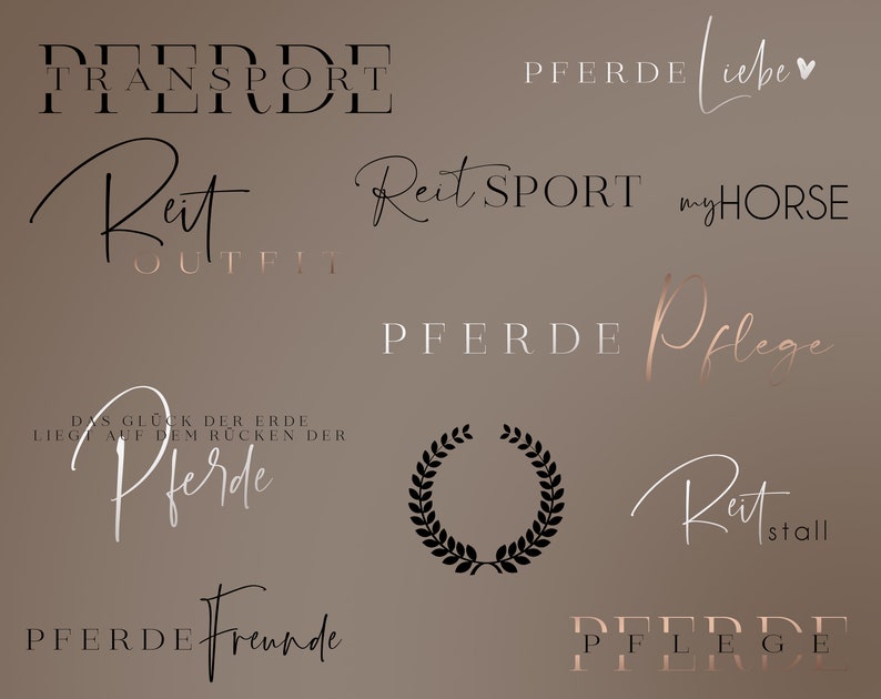 May include: A collection of logos featuring the word "Pferde" in various styles and fonts. The logos include phrases like "Reit Sport", "Pferde Pflege", and "Pferde Freunde".