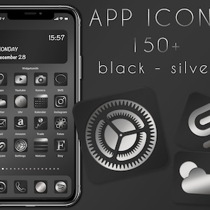 Könnte beinhalten: Ein Smartphone zeigt ein individuelles App-Icon-Design in Schwarz und Silber. Der Bildschirm zeigt verschiedene App-Symbole, darunter Maps, YouTube und Instagram. Der Text "APP ICONS | 150+ black - silver" ist im Hintergrund zu sehen.