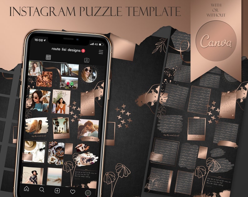 Puede incluir: Una plantilla de rompecabezas de Instagram en negro y oro rosa con el texto "WITH OR WITHOUT Canva" en el lado derecho de la imagen. La plantilla est&aacute; dividida en 16 cuadrados, cada uno con un dise&ntilde;o diferente. Los dise&ntilde;os incluyen fotos, texto y gr&aacute;ficos.