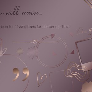 May include: A digital illustration of a set of rose gold stickers for planners and journals. The stickers include hearts, quotes, and geometric shapes. The text "Like in Real!" is also included in the image.