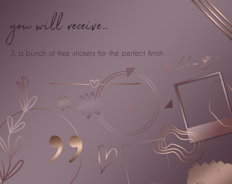 May include: A digital illustration of a set of rose gold stickers for planners and journals. The stickers include hearts, quotes, and geometric shapes. The text "Like in Real!" is also included in the image.