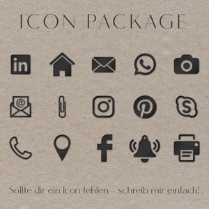 Puede incluir: Un conjunto de iconos de redes sociales en blanco y negro, que incluyen LinkedIn, hogar, correo electr&oacute;nico, WhatsApp, c&aacute;mara, correo electr&oacute;nico con s&iacute;mbolo @, clip, Instagram, Pinterest, Skype, tel&eacute;fono, pin de ubicaci&oacute;n, Facebook, campana e impresora. El texto "ICON PACKAGE" est&aacute; en la parte superior de la imagen. El texto "Sollte dir ein Icon fehlen schreib mir einfach!" est&aacute; en la parte inferior de la imagen.