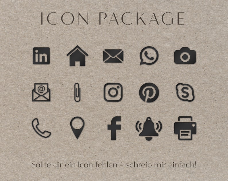 Puede incluir: Un conjunto de iconos de redes sociales en blanco y negro, que incluyen LinkedIn, hogar, correo electr&oacute;nico, WhatsApp, c&aacute;mara, correo electr&oacute;nico con s&iacute;mbolo @, clip, Instagram, Pinterest, Skype, tel&eacute;fono, pin de ubicaci&oacute;n, Facebook, campana e impresora. El texto "ICON PACKAGE" est&aacute; en la parte superior de la imagen. El texto "Sollte dir ein Icon fehlen schreib mir einfach!" est&aacute; en la parte inferior de la imagen.
