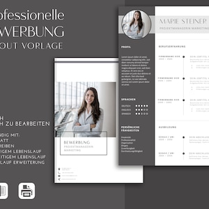 Könnte beinhalten: Eine schwarz-weiße Lebenslaufvorlage mit grauem Hintergrund. Die Vorlage enthält Abschnitte für ein Profil, Berufserfahrung, Fähigkeiten, Ausbildung und persönliche Informationen. Der Text "professionelle BEWERBUNG LAYOUT VORLAGE" befindet sich oben auf der Seite.