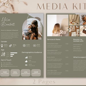 Könnte beinhalten: Ein grünes und weißes Medienkit für eine Lifestyle-Influencerin namens Helen Blanchett. Das Kit enthält Informationen über ihre Zielgruppen-Demografie, Dienstleistungen und Preise sowie Marken, mit denen sie zusammengearbeitet hat. Das Kit enthält auch einen Call-to-Action, um Kontakt aufzunehmen.