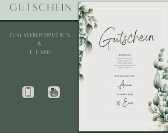 Voucher Card Plant, DIY Gift Template, Editable Gift Voucher, German Download, Printable Gift Card, Print, Flowers
