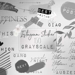 以下が含まれることがあります： さまざまなフレーズとデザインを特徴とする、150個のグレースケールInstagramステッカーのセット。ステッカーには、「Hello Weekend」、「Happiness」、「Best Friend」、「New Post」、「This Love」、「Fashion」、「Good Night」、「Next」、「Set Voila」、「Kleine Auszeit」、「Hats Me！」などのフレーズと、さまざまな抽象的な形とデザインが含まれています。