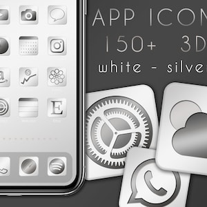 May include: A smartphone screen displaying a grid of white and silver app icons. The icons are 3D and have a metallic finish. The text "APP ICONS 150+ 3D white - silver" is displayed above the icons.