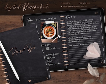 Digital Recipe Book rosegold - english - endless - for Goodnotes Notability, Hyperlinked PDF Recipe Book - dark mode - black -retro