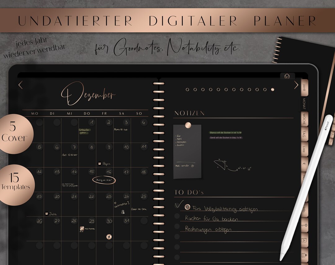 Undated Digital Planner Calendar Dark Mode German , Goodnotes Planner ...