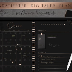 Undated digital planner calendar Dark Mode German , GoodNotes planner, Notability planner, undated planner, iPad , Android, gold