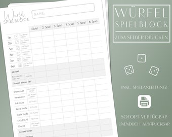 PDF Spielblock für das beliebte Würfelspiel - sofort verfügbar, unendlich druckbar - digitale Datei - inkl. Anleitung -DIN A4 A5 Ersatzblock