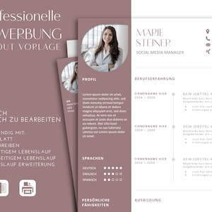 Könnte beinhalten: Eine rosa und weiße Lebenslaufvorlage mit einem professionellen Layout. Die Vorlage enthält Abschnitte für ein Profil, Berufserfahrung, Fähigkeiten und Ausbildung. Die Vorlage ist so konzipiert, dass sie einfach zu bearbeiten und anzupassen ist.