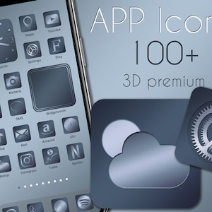 May include: A screenshot of a smartphone displaying a grid of app icons in a blue and grey colour scheme. The icons are 3D and have a metallic sheen. The text "APP Icons 100+ 3D premium" is displayed above the phone.
