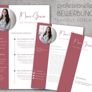 May include: A pink and white resume template with a professional photo of a woman. The template includes sections for work experience, education, and skills. The text on the template reads "Marie Steiner, B.Sc. Wirtschaftswissenschaften, Berufsbezeichnung, Bewerbung, Layout Vorlage".
