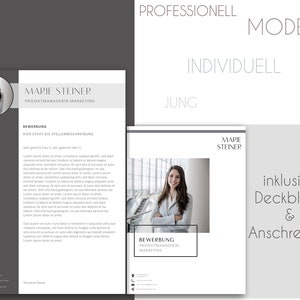 Puede incluir: Una plantilla de curr&iacute;culum vitae gris y blanca con una foto profesional de una mujer. El texto en el curr&iacute;culum vitae dice "Marie Steiner, Gerente de Proyecto en Marketing". El curr&iacute;culum vitae tambi&eacute;n incluye una secci&oacute;n para "Bewerbung" (alem&aacute;n para solicitud) y una secci&oacute;n para "Hier steht die Stellenbeschreibung" (alem&aacute;n para "Aqu&iacute; est&aacute; la descripci&oacute;n del puesto").