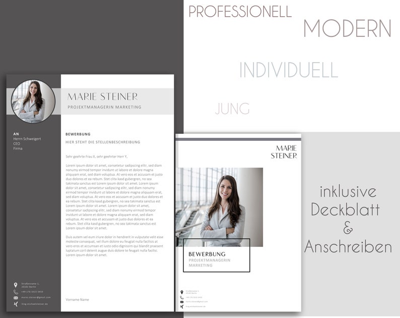 Puede incluir: Una plantilla de curr&iacute;culum vitae gris y blanca con una foto profesional de una mujer. El texto en el curr&iacute;culum vitae dice "Marie Steiner, Gerente de Proyecto en Marketing". El curr&iacute;culum vitae tambi&eacute;n incluye una secci&oacute;n para "Bewerbung" (alem&aacute;n para solicitud) y una secci&oacute;n para "Hier steht die Stellenbeschreibung" (alem&aacute;n para "Aqu&iacute; est&aacute; la descripci&oacute;n del puesto").