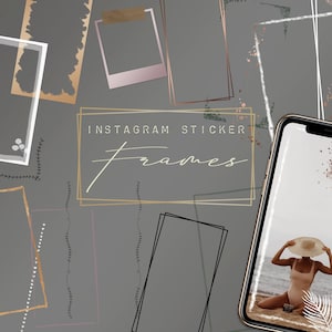 Könnte beinhalten: Ein Satz digitaler Instagram-Stickerrahmen mit goldenen, schwarzen und weißen Akzenten. Die Rahmen sind so konzipiert, dass sie als Überlagerungen für Fotos und Videos verwendet werden können. Der Text "INSTAGRAM STICKER FRAMES" ist in goldener Schrift geschrieben.