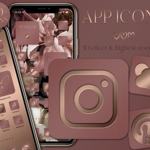 Może przedstawiać: Zestaw ponad 200 ikon aplikacji z efektem 3D i wysoką rozdzielczością. Ikony są w kolorze różowego złota i mają nowoczesny, minimalistyczny design. Tekst "APP ICONS" jest wyświetlany w kolorze różowego złota z trzema sercami poniżej. Tekst "Efekt 3D i najwyższa rozdzielczość" jest wyświetlany pod sercami.