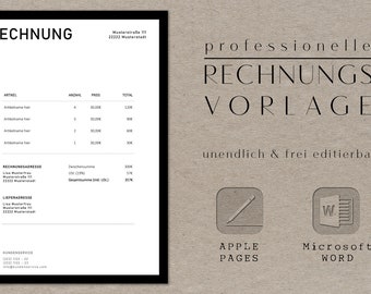 Puede incluir: Una imagen en blanco y negro de una plantilla de factura profesional con el texto "RECHNUNGS VORLAGE" en alemán. La plantilla es compatible con Apple Pages y Microsoft Word. El texto "unendlich & frei editierbar" también está incluido, lo que se traduce como "infinito y libremente editable" en español.