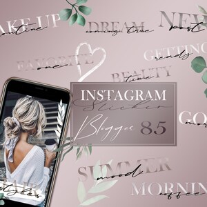 Op de afbeelding: Een set van 10 Instagram story stickers voor bloggers. De stickers zijn in een roze en witte kleurstelling met tekst die "make-up routine", "droomtijd", "nieuwe post", "favoriete", "klaarmaken", "schoonheidstijd", "goedemorgen", "zomerse stemming" en "ochtendkoffie" omvat.