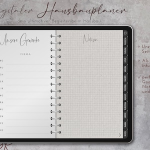 Könnte beinhalten: Ein digitaler Hausbauplaner auf einem Tablet mit einem weißen Stift. Der Planer enthält eine Liste von Gewerken für einen Hausbau, darunter Planung, Rohbau, Dach, Fenster, Elektrik, Heizung, Sanitär, Trockenbau, Boden, Treppe und Küche. Der Planer hat auch einen Notizbereich mit einem Rastermuster.