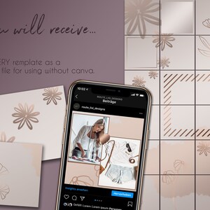 May include: A phone screen displaying a social media post with a collage of images featuring a woman, a pair of jeans, a purse, and a floral pattern. The post is from the account "route_lisi_designs" and includes the text "Insights ansehen" and "Hervorheben".