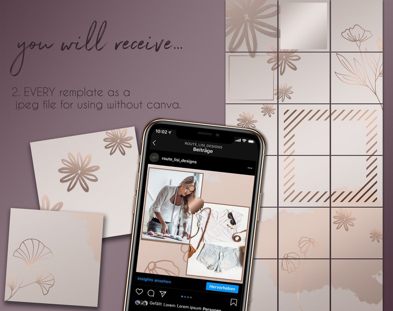 May include: A phone screen displaying a social media post with a collage of images featuring a woman, a pair of jeans, a purse, and a floral pattern. The post is from the account "route_lisi_designs" and includes the text "Insights ansehen" and "Hervorheben".