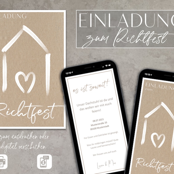 Einladung Richtfest Digital Vorlage Word Layout bearbeitbar druckbar, DIN A4, Iphone Hausbau Einzug, Print, Craftpapier