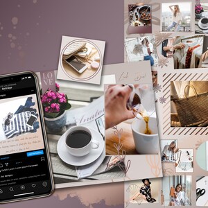 May include: A collage of images featuring a variety of products and lifestyle scenes. The collage includes a striped tote bag, a coffee cup, a woven bag, a woman wearing a white shirt and jeans, and a woman wearing a white shirt and a hat. The collage is set against a background of pink and brown.