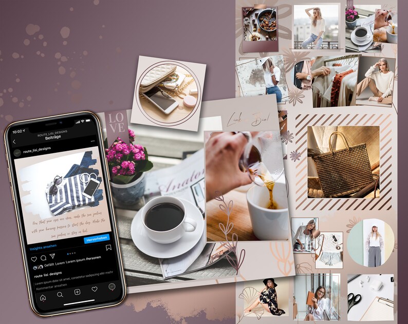 May include: A collage of images featuring a variety of products and lifestyle scenes. The collage includes a striped tote bag, a coffee cup, a woven bag, a woman wearing a white shirt and jeans, and a woman wearing a white shirt and a hat. The collage is set against a background of pink and brown.