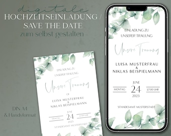 Invitation wedding digital template word layout editable printable, DIN A4, iphone, print, craft paper, save the date, wedding