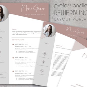 May include: A pink and white CV template with a professional headshot of a woman. The CV includes sections for skills, experience, and contact information. The text "professionelle BEWERBUNG LAYOUT VORLAGE" is at the top of the page.