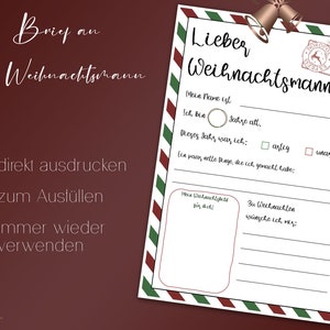 Carta Papá Noel, lista de deseos, imprimible, descarga instantánea, regalo, regalos de Navidad, Navidad, carta de Papá Noel, alemán, plantilla