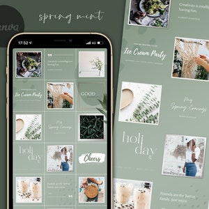 Könnte beinhalten: Eine grüne und weiße Instagram-Feed-Designvorlage mit einem Frühlingsminz-Thema. Die Vorlage enthält Bilder von Pflanzen, Essen und Text. Der Text enthält Zitate über Kreativität, gute Stimmung und den Frühling. Die Vorlage ist perfekt für Unternehmen oder Einzelpersonen, die einen zusammenhängenden und optisch ansprechenden Instagram-Feed erstellen möchten.