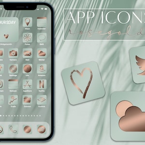Könnte beinhalten: Eine Sammlung von App-Icons in Roségold auf grünem Hintergrund. Die Icons sind für beliebte Apps wie Instagram, Twitter, YouTube und mehr. Der Text "APP ICONS rose gold" befindet sich oben im Bild.