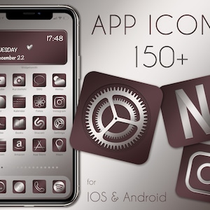 May include: A screenshot of a smartphone displaying a collection of app icons with a metallic silver design on a dark brown background. The text "APP ICONS 150+ for IOS & Android" is displayed at the top of the image.