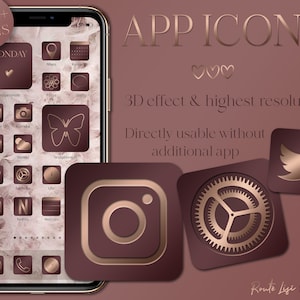 Könnte beinhalten: Eine Sammlung von über 200 App-Icons mit 3D-Effekt und hoher Auflösung. Die Icons sind in einem Roségold- und Burgunder-Farbschema gestaltet und zeigen verschiedene App-Logos, darunter Instagram, Twitter und YouTube. Der Text "APP ICONS" wird oben im Bild in großer Schrift angezeigt.