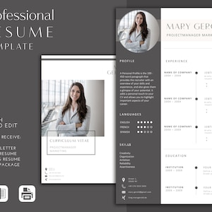 Könnte beinhalten: Eine schwarz-weiße Lebenslaufvorlage mit professionellem Design. Die Vorlage enthält Abschnitte für ein persönliches Profil, Erfahrung, Sprachen, Fähigkeiten und Ausbildung. Die Vorlage ist einfach zu bearbeiten und enthält Symbole für Word und PDF.