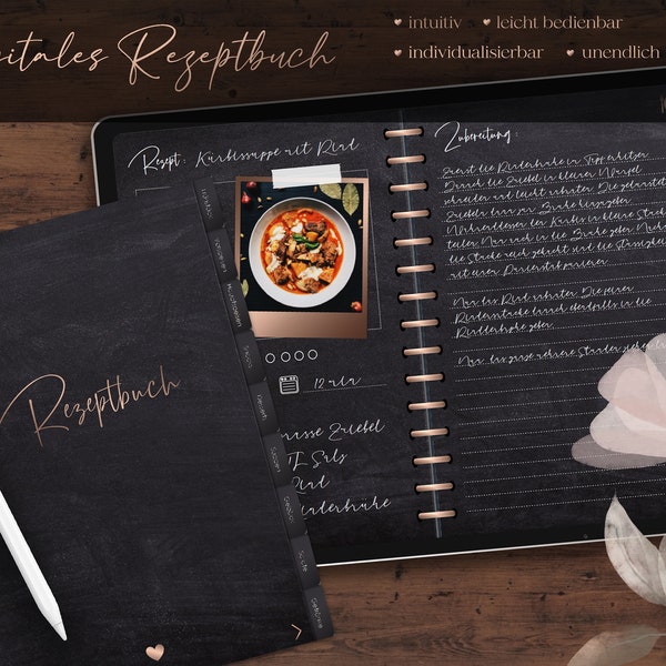 Digitales Rezeptbuch Kochbuch rosegold - deutsch - unendlich erweiterbar - PDF Recipe Book for Goodnotes Notability, Hyperlinked Recipe Book