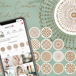 Puede incluir: La pantalla de un teléfono inteligente muestra un perfil de redes sociales con un diseño de patrón geométrico dorado y blanco. El perfil tiene 153 publicaciones, 5 millones de seguidores y 58 suscriptores. El texto "Tómate el tiempo para hacer sonreír a alguien..." se muestra en la pantalla. El teléfono está rodeado de 15 círculos con patrones geométricos dorados y blancos.