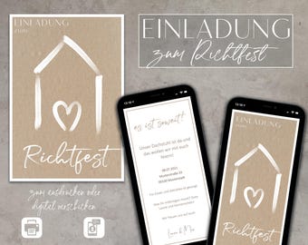 Zaproszenie na ceremonię zawieszenia wiechy szablon cyfrowy Edytowalny w programie Word do druku, DIN A4, budowa domu na iPhone'a, druk, papier do rękodzieła, płaski dach, parapetówka