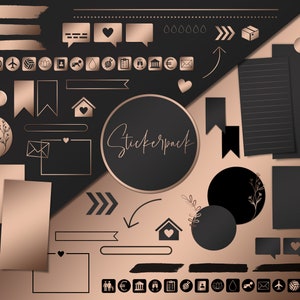 Könnte beinhalten: Ein Set mit roségoldenen und schwarzen Aufklebern in verschiedenen Formen und Designs, darunter Herzen, Pfeile, Häuser und Sprechblasen. Die Aufkleber eignen sich perfekt, um Planern, Tagebüchern und anderen Papierwaren einen Hauch von Eleganz zu verleihen.